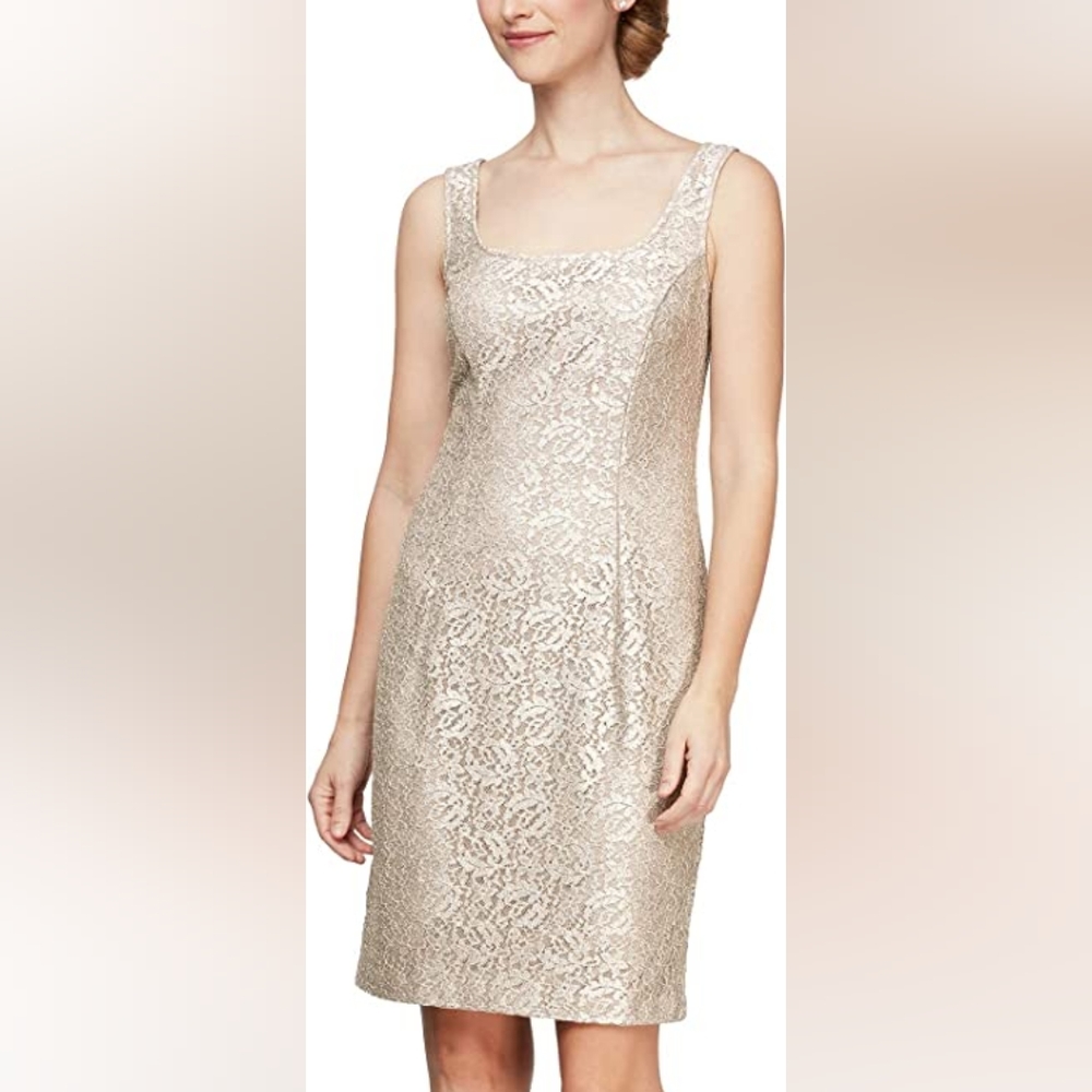 NWT Alex Evenings Lord & Taylor Womens Bronze/ Nude Shimmer Lace Dress